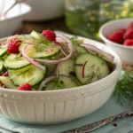 Freshly made Logan Cucumber Salad featuring sliced cucumbers, red onions, dill, and loganberries in a white bowl, perfect for a healthy summer dish