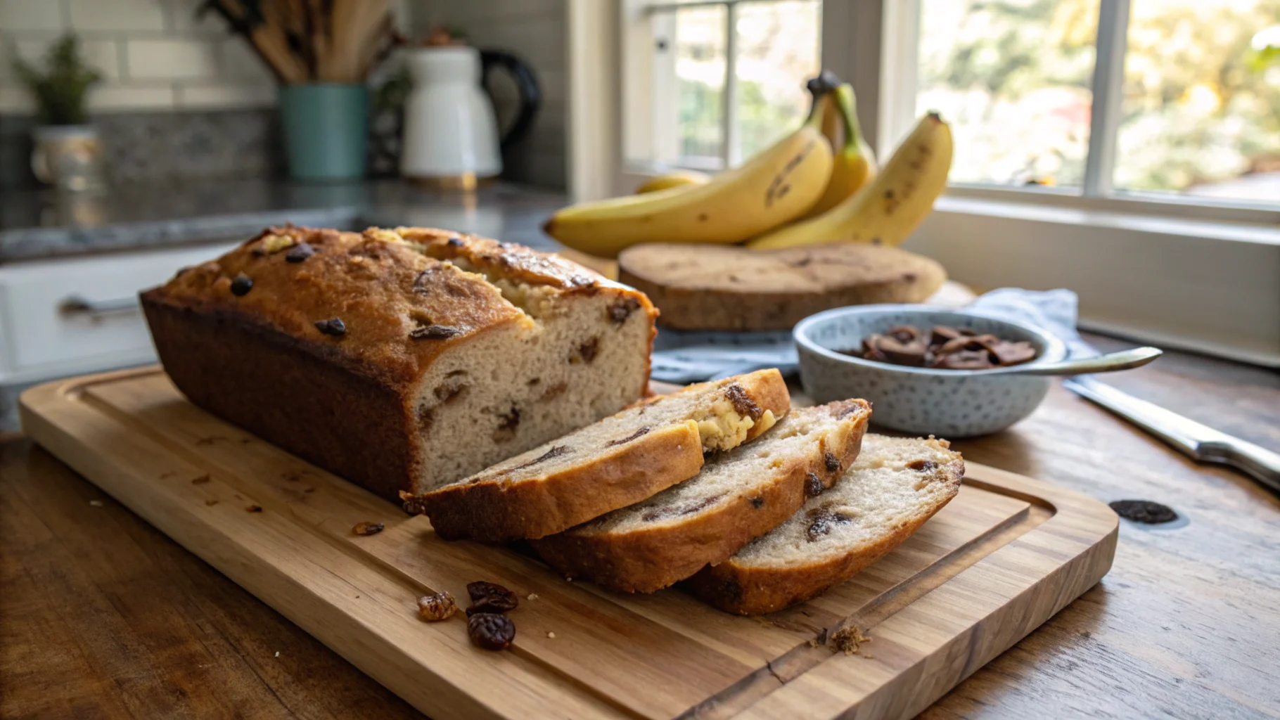 Freshly baked banana bread recipe with 2 bananas, sliced to show its moist texture, perfect for breakfast or a snack.