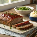 A finished soul food meatloaf recipe with a ketchup glaze, sliced to show a moist interior, served with mashed potatoes and green beans.