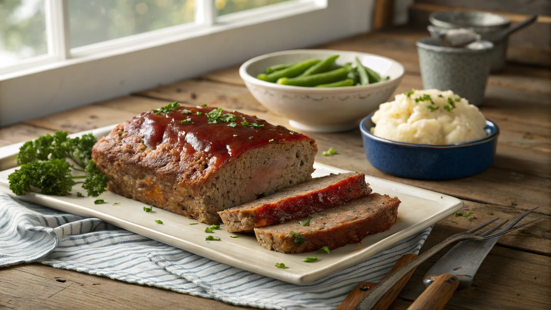 A finished soul food meatloaf recipe with a ketchup glaze, sliced to show a moist interior, served with mashed potatoes and green beans.