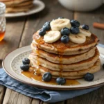 A stack of fluffy buckwheat and quinoa pancakes topped with blueberries, bananas, and maple syrup, highlighting a gluten-free breakfast recipe