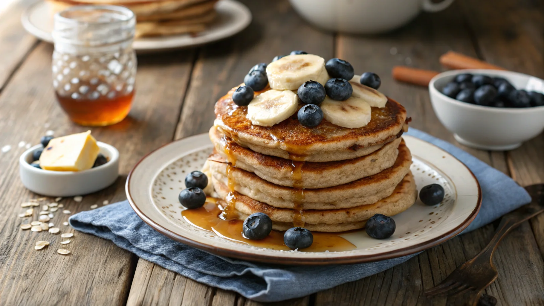 A stack of fluffy buckwheat and quinoa pancakes topped with blueberries, bananas, and maple syrup, highlighting a gluten-free breakfast recipe