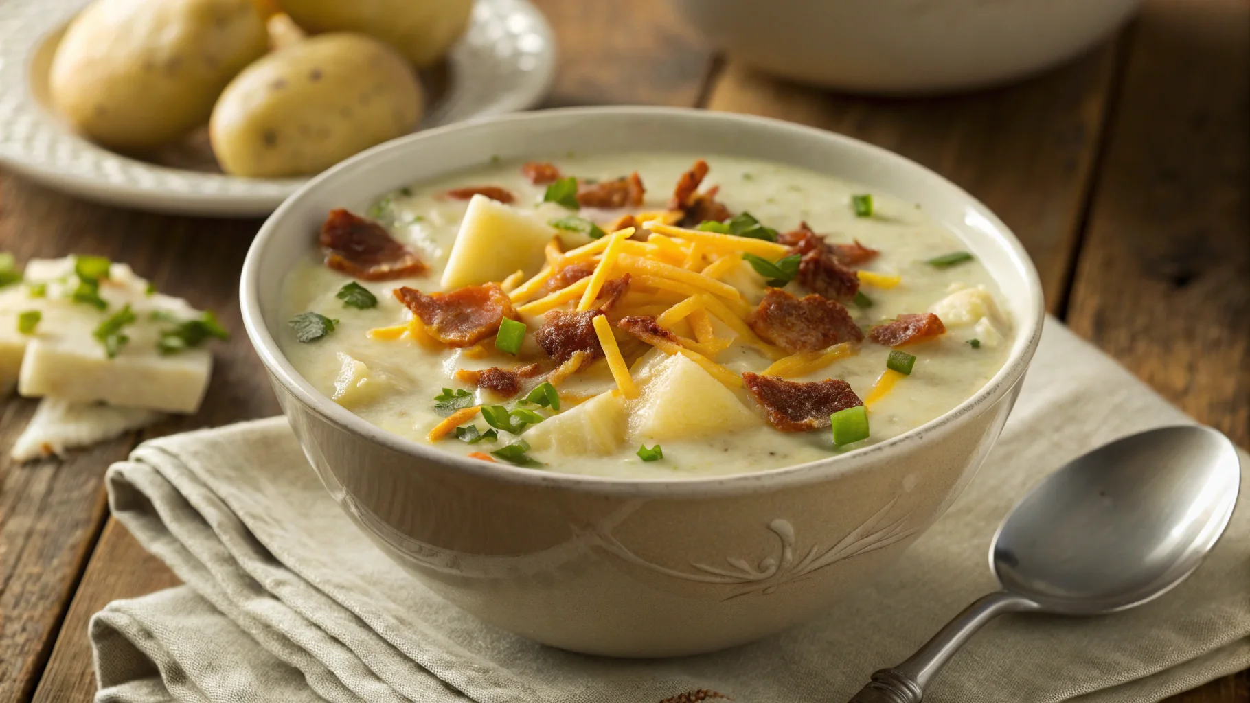 A bowl of creamy Panera potato soup garnished with bacon, cheddar cheese, and green onions, showcasing the final homemade recipe result.