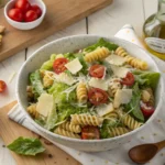 A delicious Caesar pasta salad in a white bowl with rotini pasta, romaine lettuce, cherry tomatoes, croutons, and Parmesan cheese, drizzled with creamy Caesar dressing