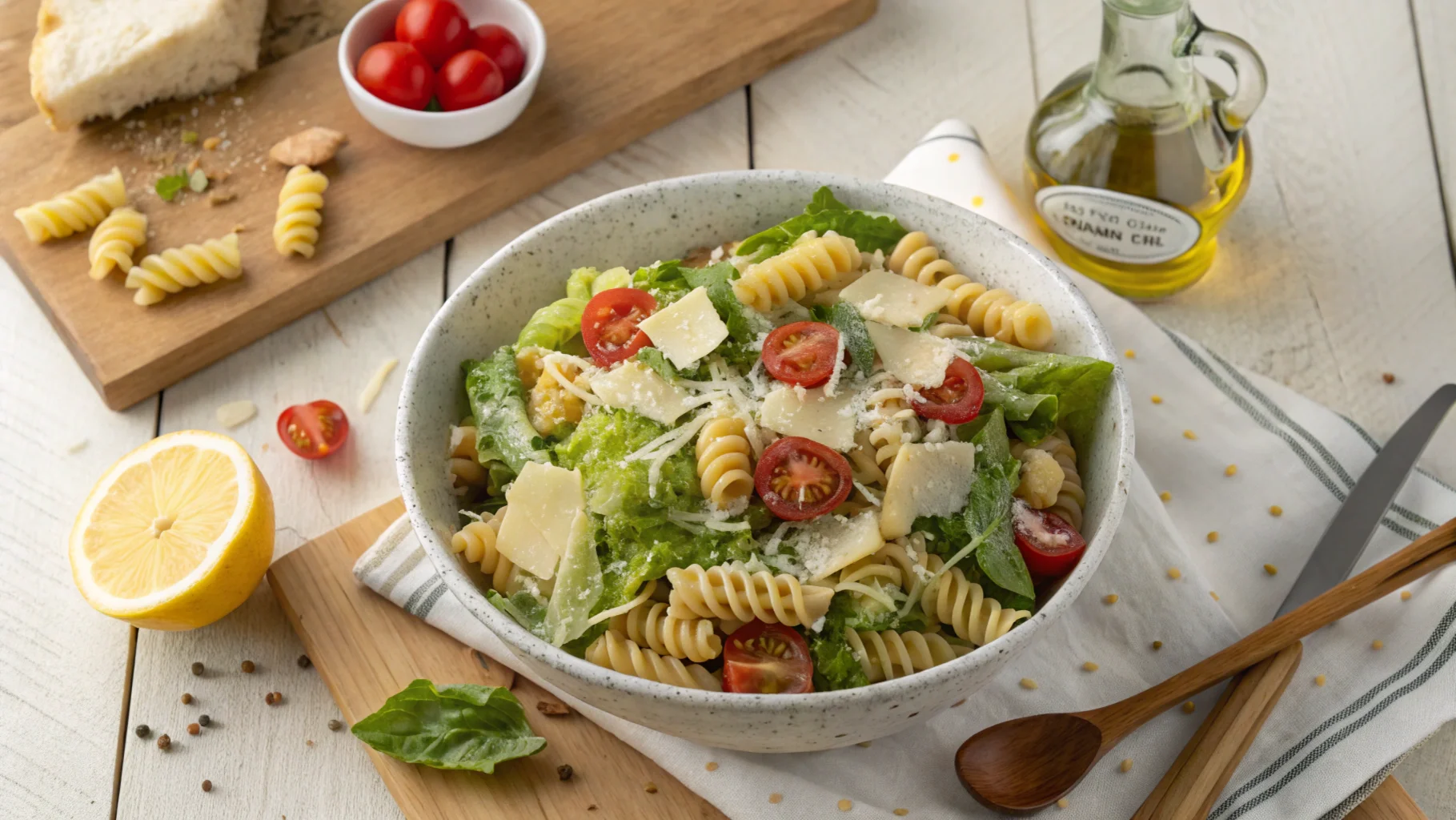 A delicious Caesar pasta salad in a white bowl with rotini pasta, romaine lettuce, cherry tomatoes, croutons, and Parmesan cheese, drizzled with creamy Caesar dressing