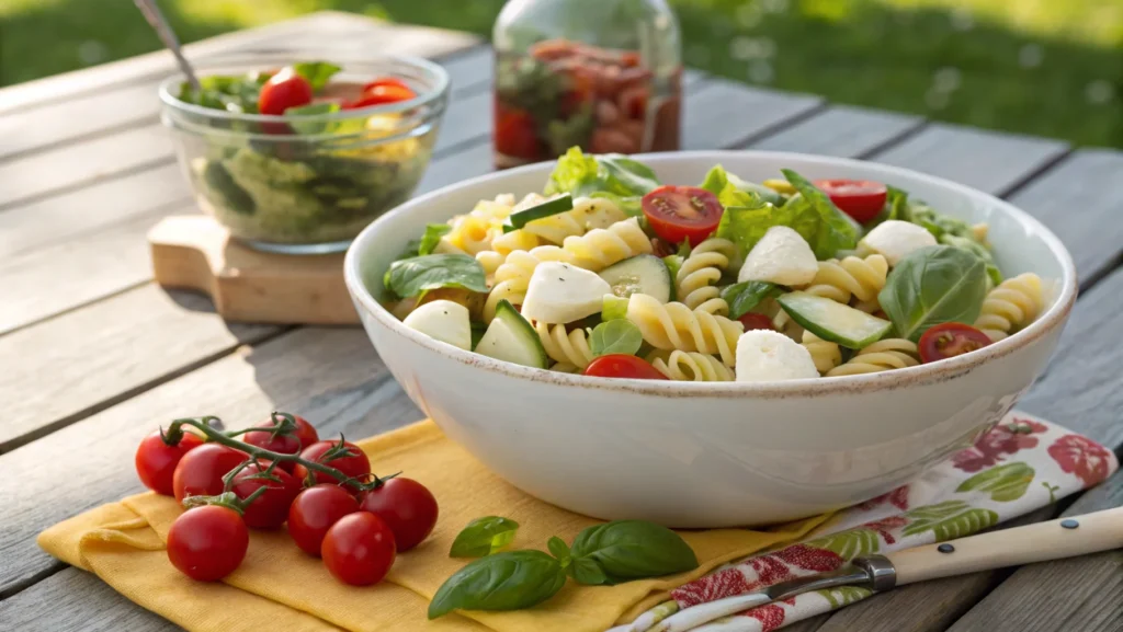 Tuscan-style Italian pasta salad with bow tie pasta, arugula, sun-dried tomatoes, mozzarella, and zesty Italian dressing on a white plate.