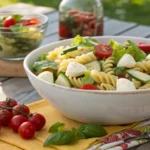 Tuscan-style Italian pasta salad with bow tie pasta, arugula, sun-dried tomatoes, mozzarella, and zesty Italian dressing on a white plate.
