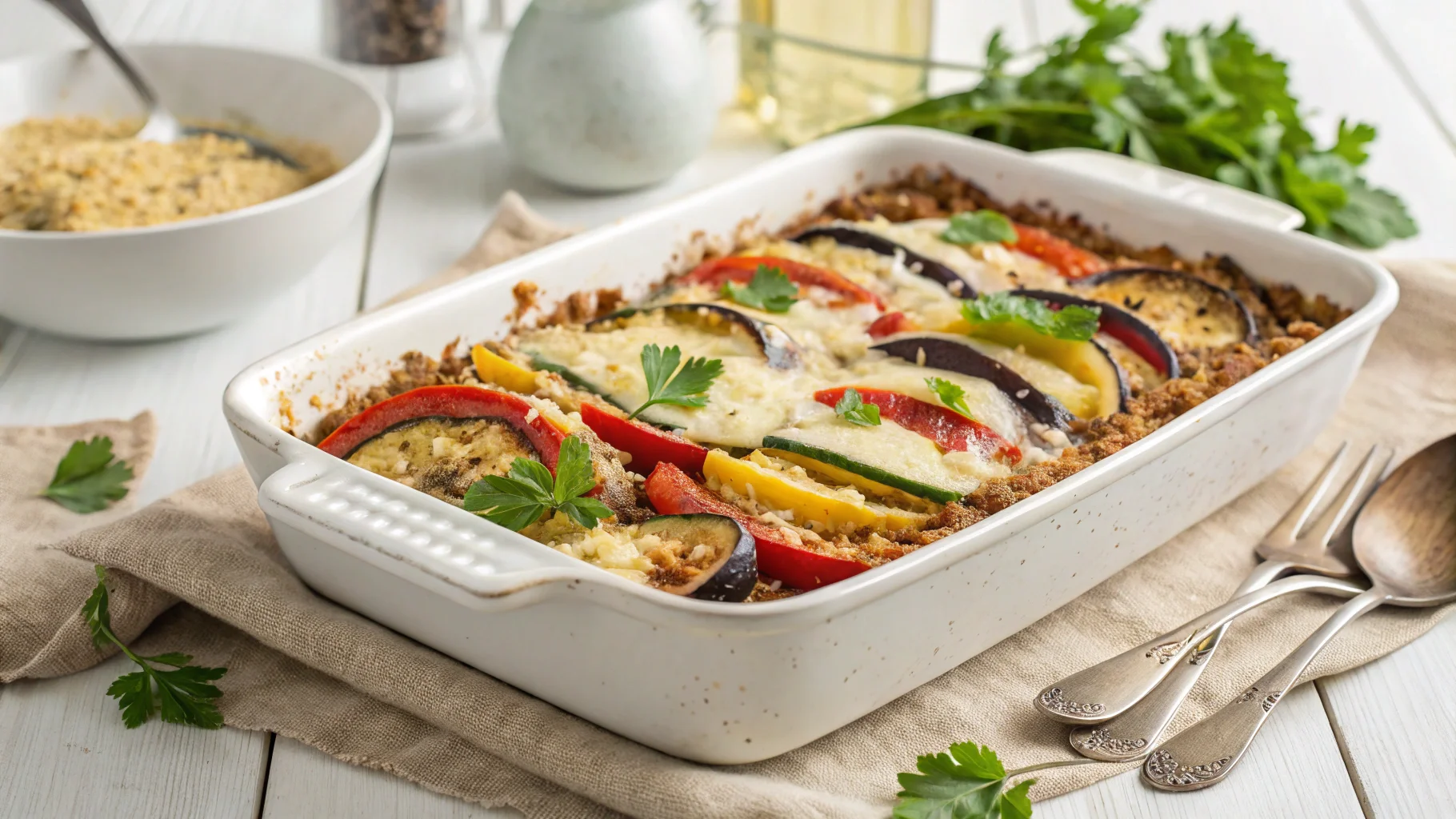 Mediterranean quinoa casserole with roasted vegetables and vegan cheese, a healthy vegetarian casserole recipe perfect for meal prep or family dinners.