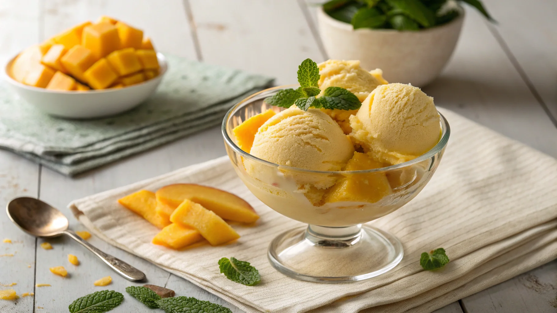 Homemade mango sorbet made with a Ninja Creami, served in a glass bowl with fresh mango slices and mint, showcasing a healthy frozen dessert option