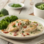 Final dish of creamy Tuscan chicken made with low carb crock pot recipes, served with fresh parsley and steamed broccoli on a rustic table