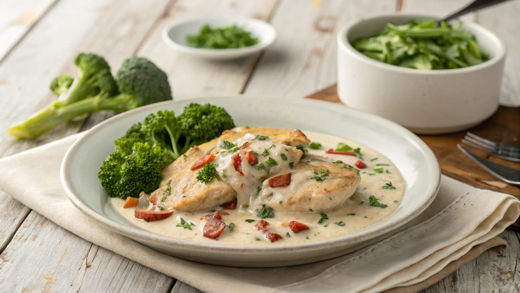 Final dish of creamy Tuscan chicken made with low carb crock pot recipes, served with fresh parsley and steamed broccoli on a rustic table