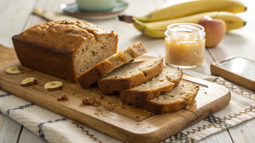 Freshly baked banana bread with applesauce sliced on a wooden cutting board, showcasing its moist texture and golden brown crust.