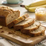 Freshly baked banana bread with applesauce sliced on a wooden cutting board, showcasing its moist texture and golden brown crust.
