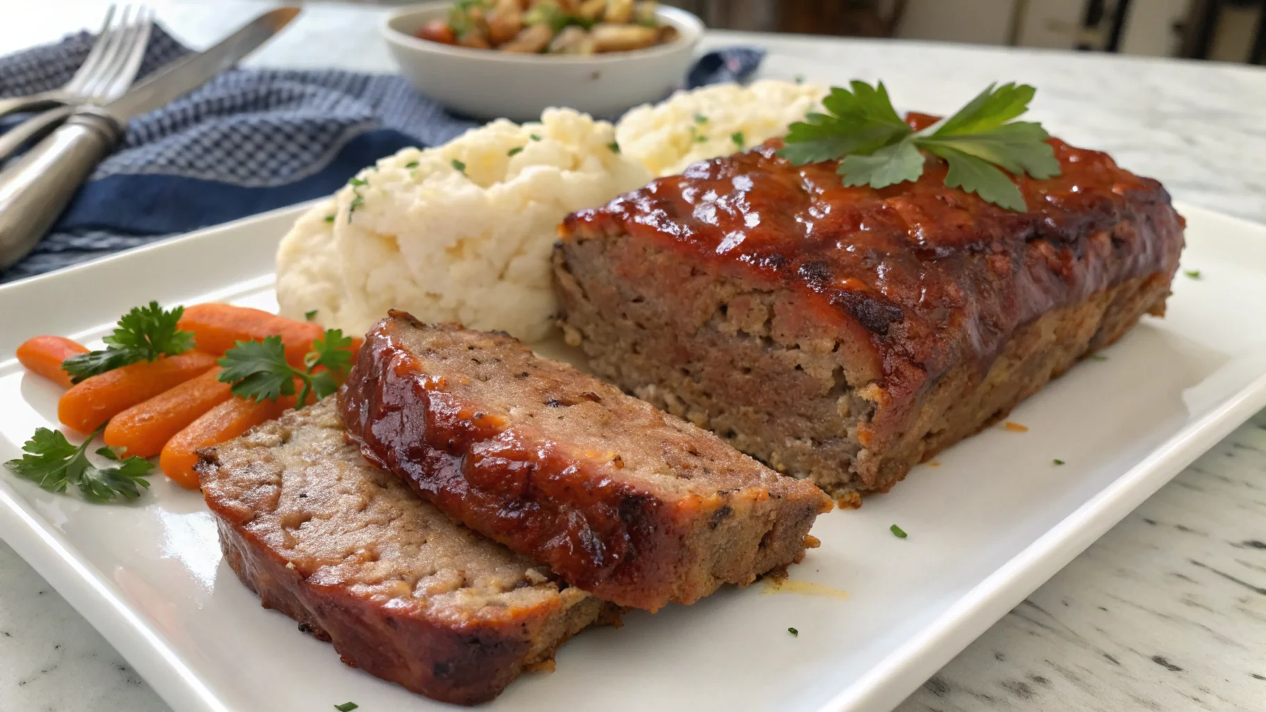 Perfectly cooked meatloaf with onion soup mix served with mashed potatoes and roasted vegetables, showcasing a caramelized glaze and tender texture