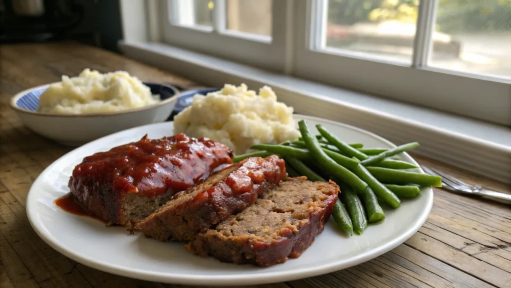 Classic meatloaf served with creamy mashed potatoes and green beans, a perfect example of Taste of Home recipes for comforting family meals.