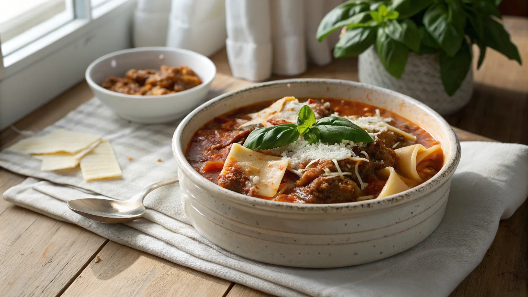 A bowl of Sailor Bailey Lasagna Soup garnished with fresh basil and parmesan, showcasing the rich tomato base, tender lasagna noodles, and melted cheese.