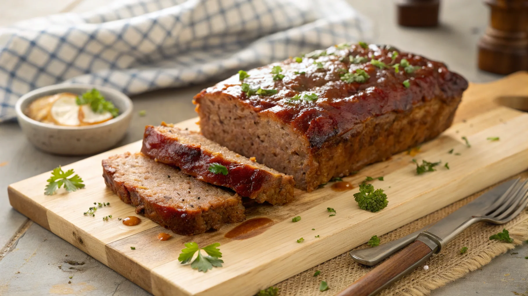 Freshly baked BBQ meatloaf with a shiny barbecue glaze, garnished with parsley and sliced to reveal a moist texture, perfect for family dinners.