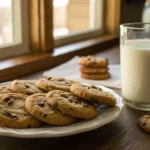 Plate of freshly baked chocolate chip cookies with a glass of milk, perfect for enjoying cookie milk as a classic treat.