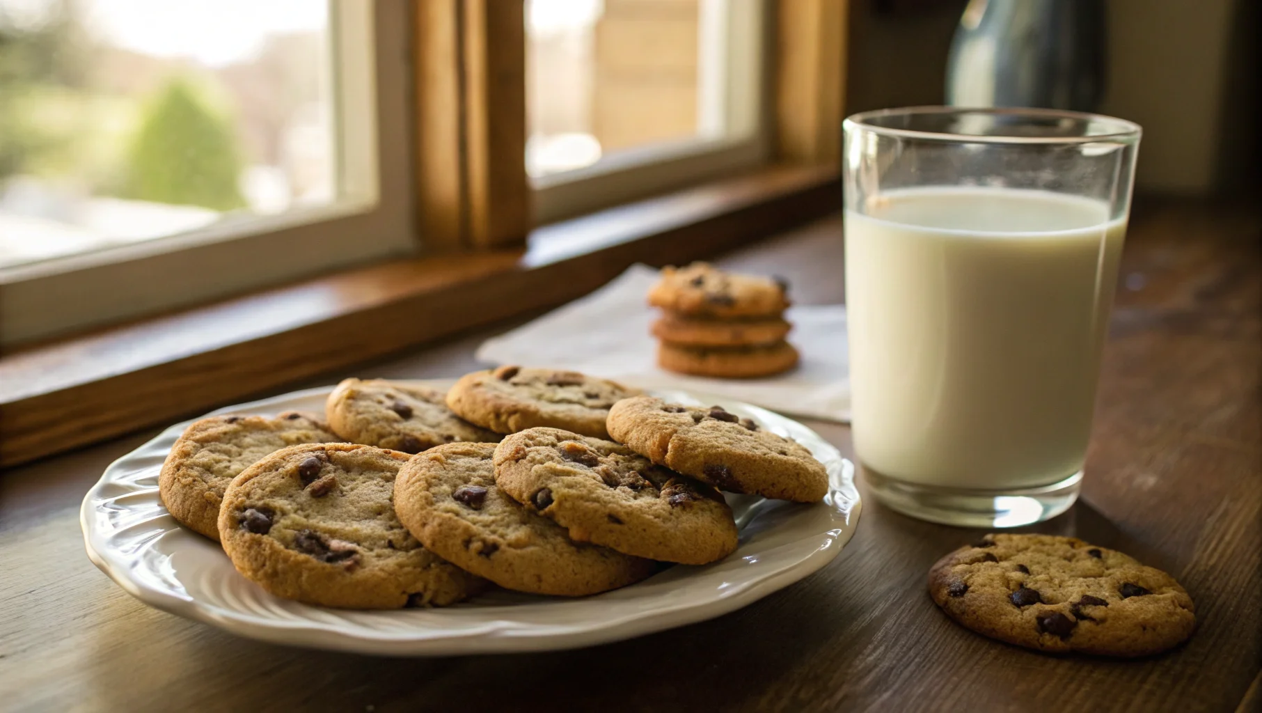 Plate of freshly baked chocolate chip cookies with a glass of milk, perfect for enjoying cookie milk as a classic treat.