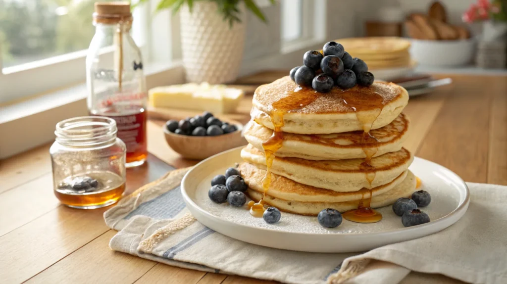 Stack of fluffy pancakes without eggs topped with fresh blueberries and maple syrup, perfect for a delicious egg-free breakfast