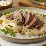 Steak and pasta recipes featuring creamy garlic steak fettuccine with tender steak slices, rich garlic cream sauce, and garnished with parsley and Parmesan