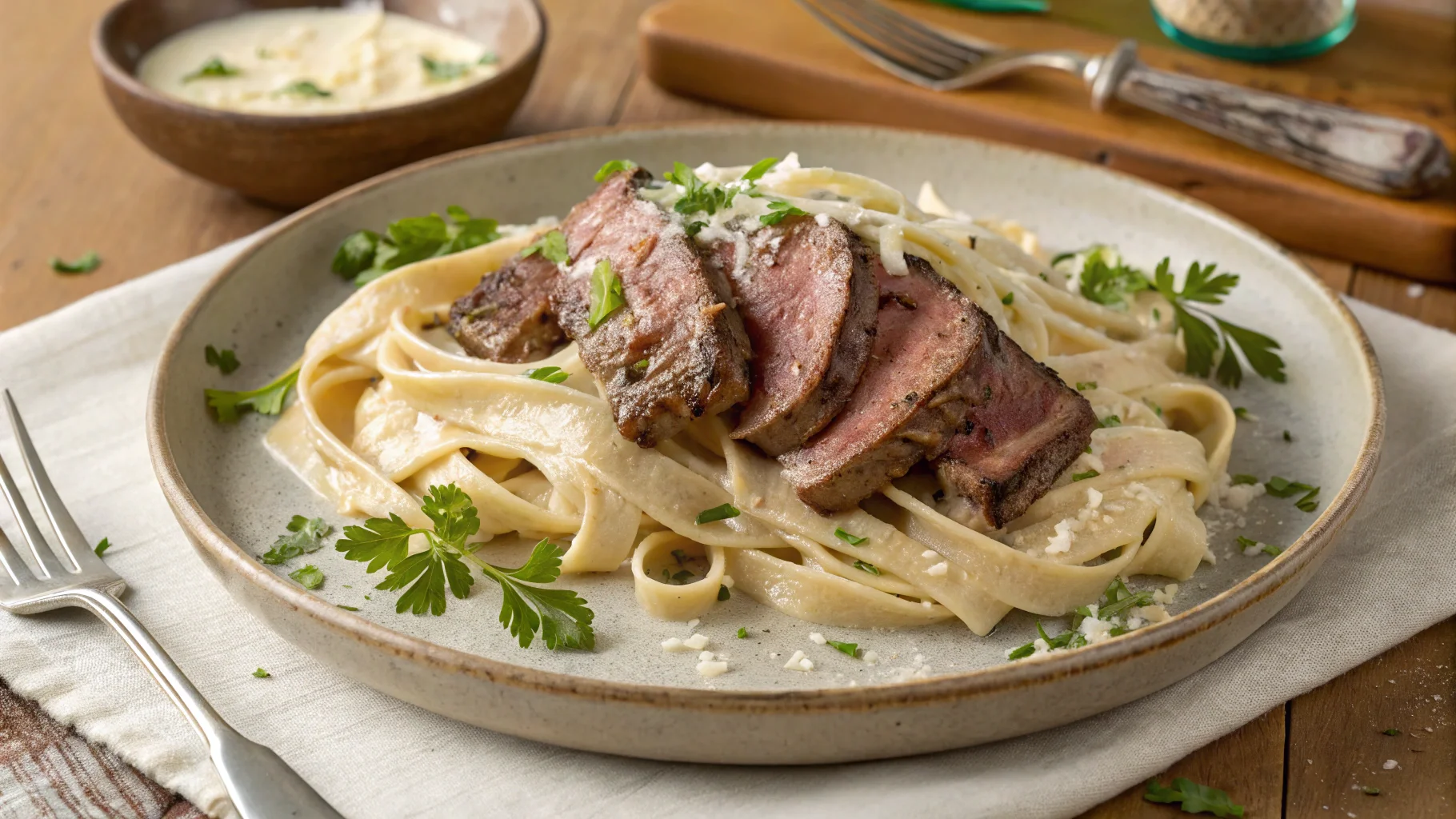 Steak and pasta recipes featuring creamy garlic steak fettuccine with tender steak slices, rich garlic cream sauce, and garnished with parsley and Parmesan