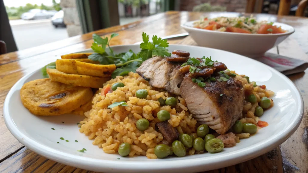 A beautifully plated Puerto Rican dish featuring arroz con gandules, roasted pernil, and crispy tostones, showcasing authentic Puerto Rican recipes