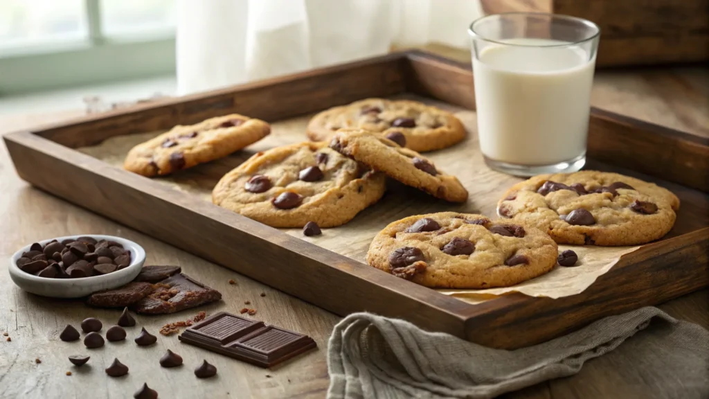 A batch of freshly baked Hershey chocolate chip cookies with golden-brown edges and melted chocolate chips, served with a glass of milk on a rustic tray.