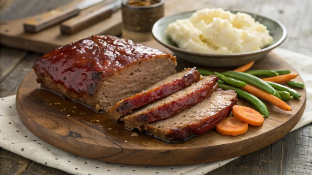 Delicious smoked meatloaf recipe served with mashed potatoes and roasted vegetables, showcasing the final juicy result of a smoked meatloaf.