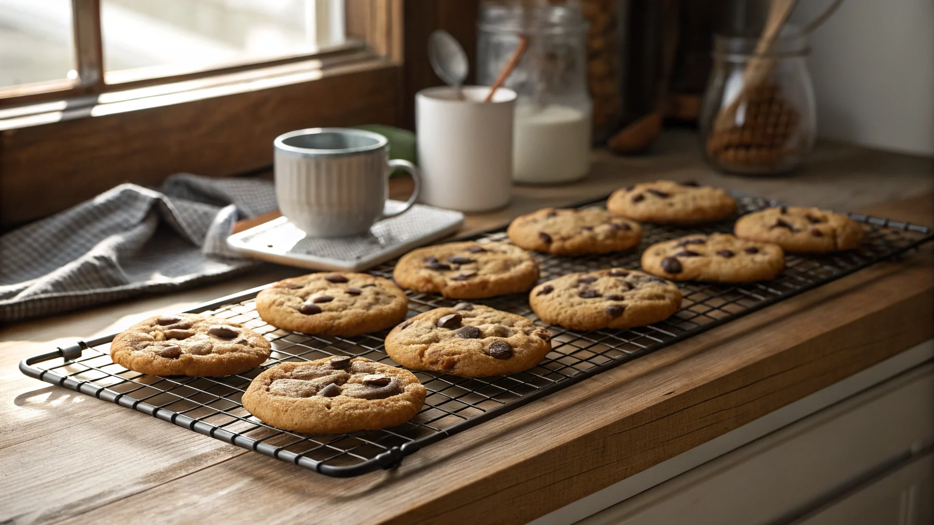 Freshly baked chocolate chip cookies without brown sugar cooling on a rack, showing a golden brown and gooey texture.