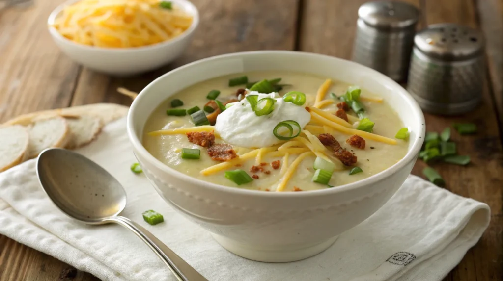 A creamy bowl of potato soup garnished with green onions, shredded low-fat cheese, and Greek yogurt, made using a healthy potato soup recipe