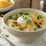 A creamy bowl of potato soup garnished with green onions, shredded low-fat cheese, and Greek yogurt, made using a healthy potato soup recipe