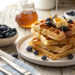 A stack of golden blueberry waffles topped with fresh blueberries, melted butter, and maple syrup on a rustic plate, highlighting the final outcome of this delicious blueberry waffle recipe.