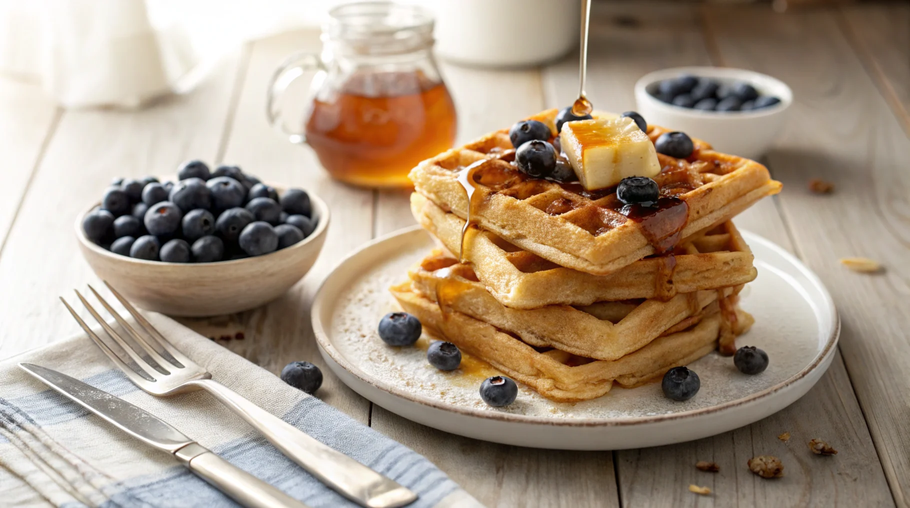 A stack of golden blueberry waffles topped with fresh blueberries, melted butter, and maple syrup on a rustic plate, highlighting the final outcome of this delicious blueberry waffle recipe.