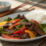 Easy beef recipes featuring a plate of stir-fry with tender beef strips, colorful vegetables, and steamed rice, perfect for quick and flavorful meals.