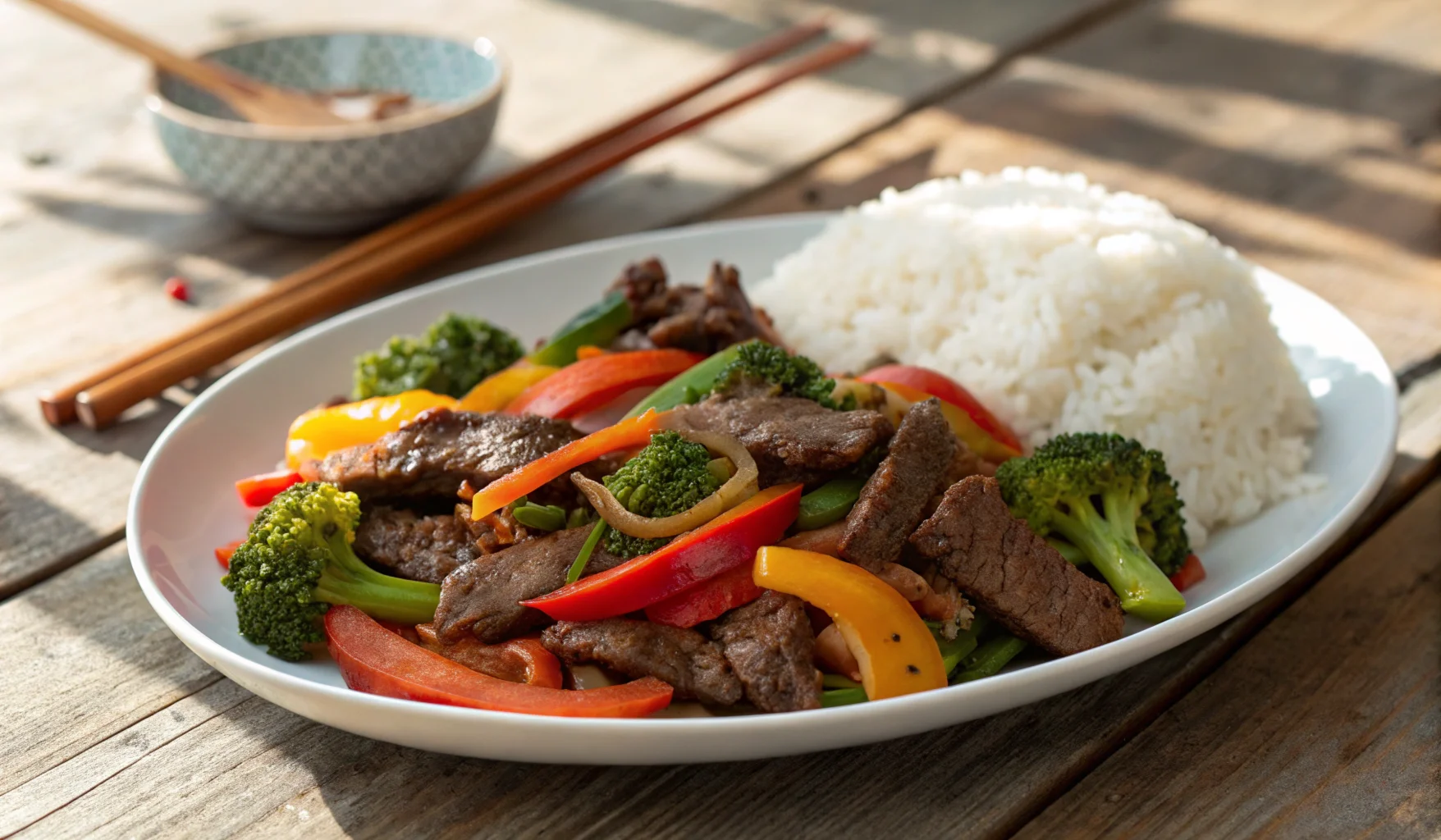 Plate of easy beef stir-fry with tender beef strips, colorful vegetables, and steamed rice on a rustic wooden table, perfect for quick dinners