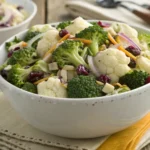 Freshly prepared broccoli cauliflower salad in a white bowl with creamy dressing, featuring broccoli, cauliflower, red onion, cheddar cheese, cranberries, and sunflower seeds