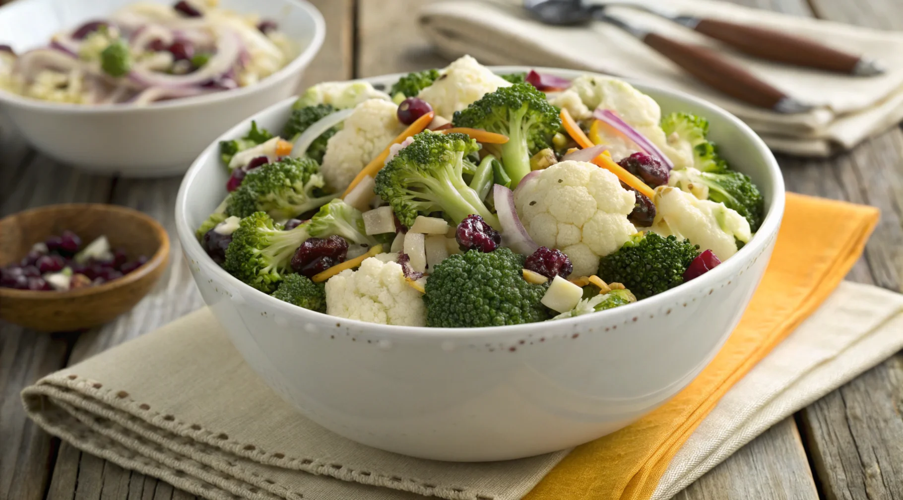 Freshly prepared broccoli cauliflower salad in a white bowl with creamy dressing, featuring broccoli, cauliflower, red onion, cheddar cheese, cranberries, and sunflower seeds