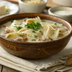 Steaming bowl of creamy Alfredo lasagna soup with melted mozzarella and fresh parsley, perfect comfort food recipe