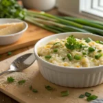 Cheesy Rice Recipe: The Ultimate Comfort Food in Just Minutes 9 Final dish of cheesy rice recipe served in a white bowl, garnished with fresh parsley and green onions on a rustic wooden counter