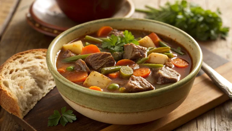 Old-Fashioned Vegetable Beef Soup Recipe | 5 Simple Steps for a Cozy, Hearty Meal 8 A steaming bowl of vegetable beef soup with tender beef, carrots, celery, potatoes, and green beans in a rich broth, served on a rustic table