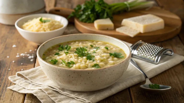 Pastina Soup Recipe: 5-Minute Comfort Food for Cold Days 8 Pastina soup recipe in a rustic white bowl, showing creamy broth, star-shaped pasta, Parmesan cheese, and parsley garnish