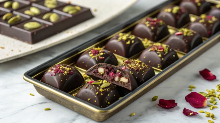 Dubai Chocolate Recipe: The Best Homemade Luxury Treat 8 Final presentation of luxurious Dubai chocolate recipe made with pistachios, saffron, and rose petals. A perfect Dubai chocolate recipe outcome