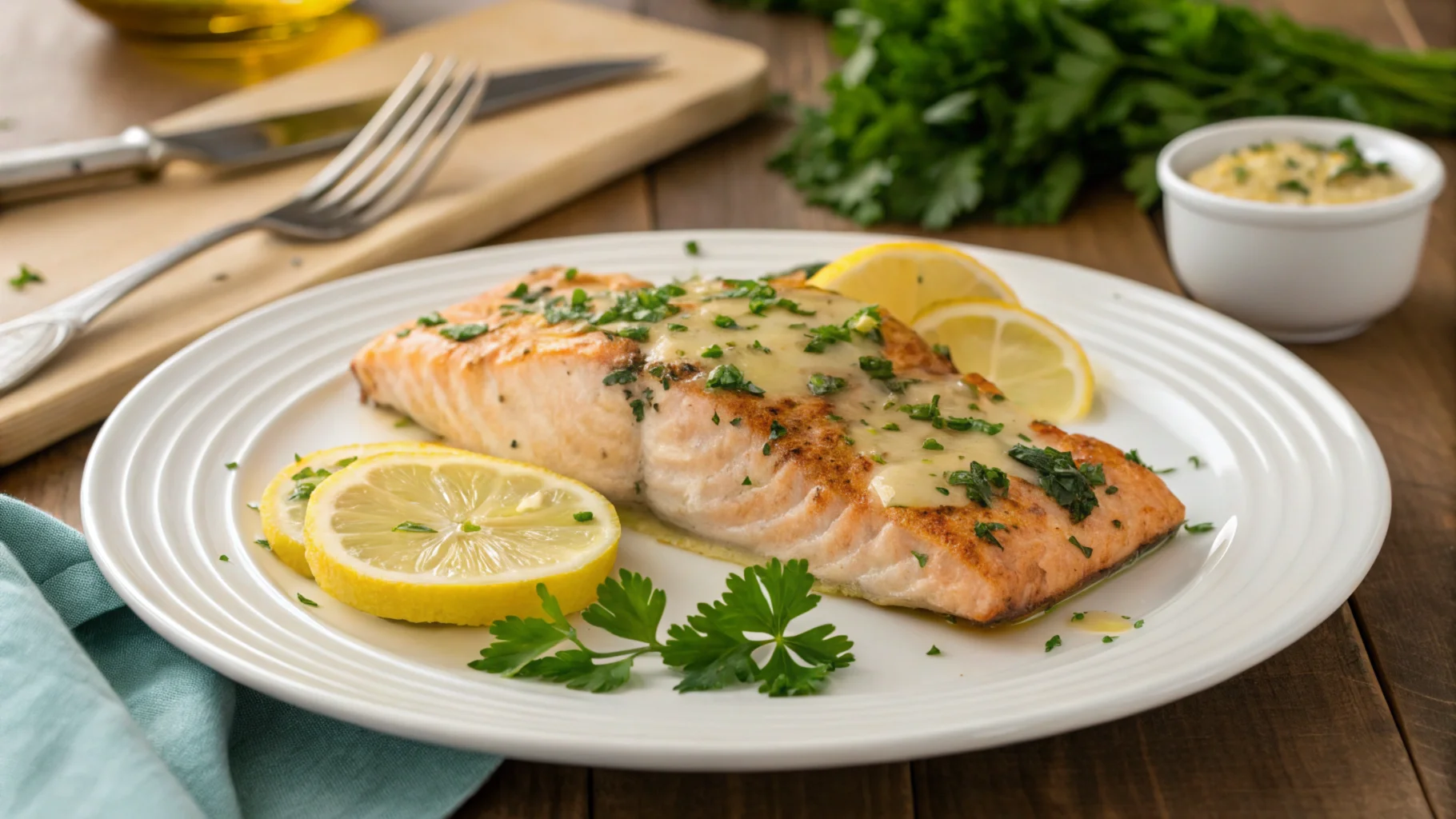 A beautifully baked Garlic Butter Salmon garnished with fresh parsley and lemon wedges, served on a white plate for a perfect dinner.