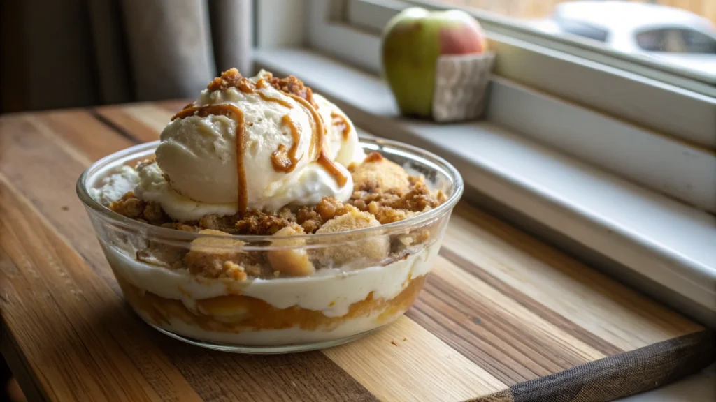 Recipe McFlurry Apple Pie served in a clear glass bowl with vanilla ice cream, apple pie filling, crumbled cookies, and caramel drizzle