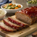 Final dish of moist and flavorful meatloaf made with Lipton onion soup mix, sliced and served with mashed potatoes and roasted vegetables