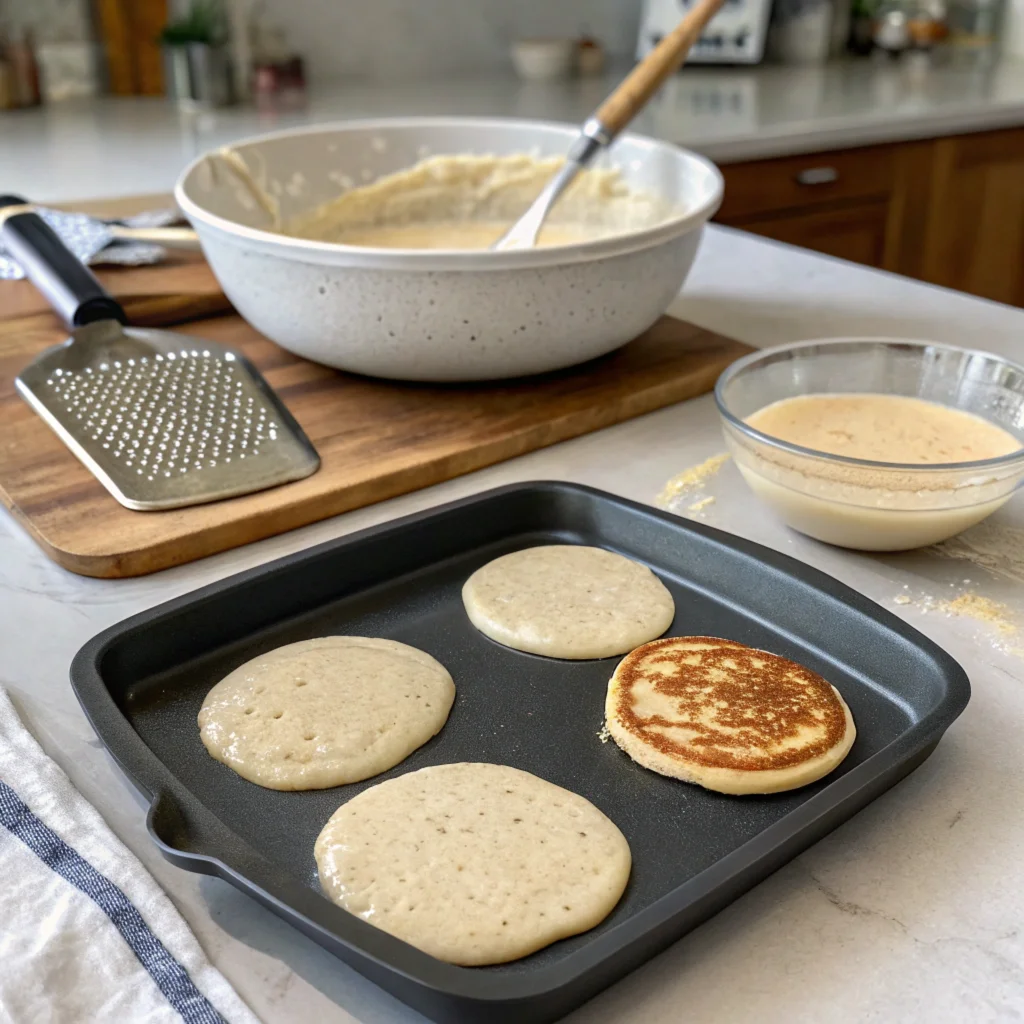 Pancake batter cooking on a griddle with bubbles forming, showcasing the step-by-step process of making the Cracker Barrel pancake recipe