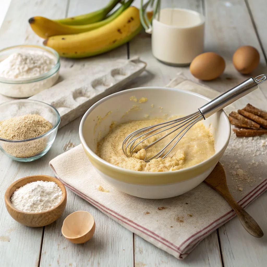 Ingredients for baby pancake recipe being whisked in a bowl, including mashed bananas, oat flour, and an egg, on a rustic kitchen counter