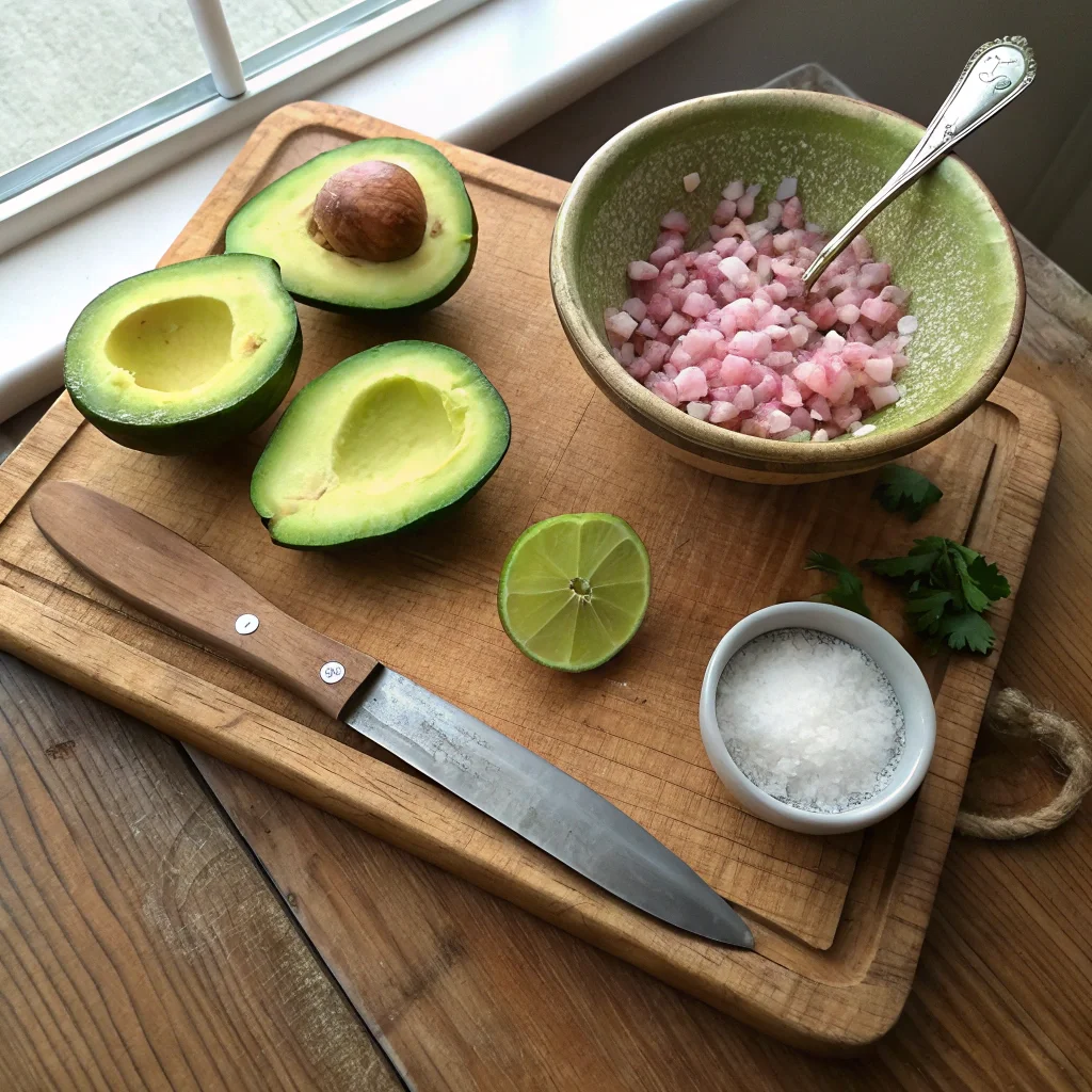 Flat lay of ingredients for 4 ingredient guacamole, including avocados, chopped onion, lime, and salt on a wooden board