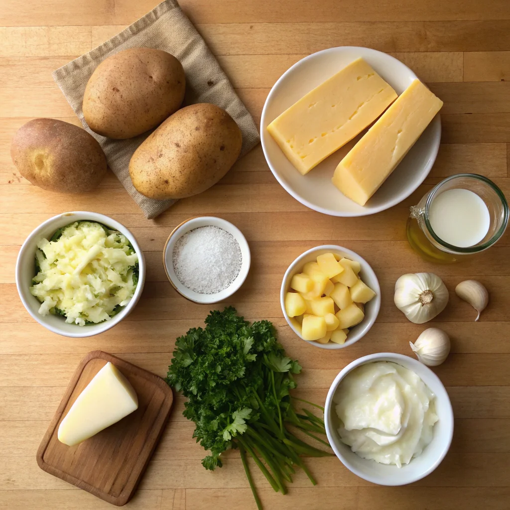 Cheesy Mashed Potatoes Recipe: Step-by-Step Guide for Perfect Creamy Mash 7 Fresh ingredients for a cheesy mashed potatoes recipe, including Yukon Gold and Russet potatoes, cheddar cheese, butter, cream, garlic, and herbs on a wooden countertop.